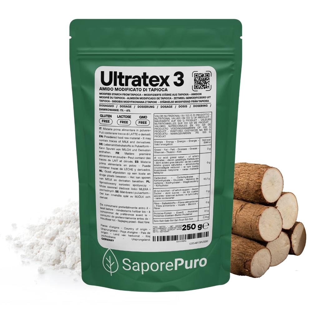 SaporePuro Ultratex 3 modified tapioca starch in a package, suitable for hot and cold cooking applications, close-up view.